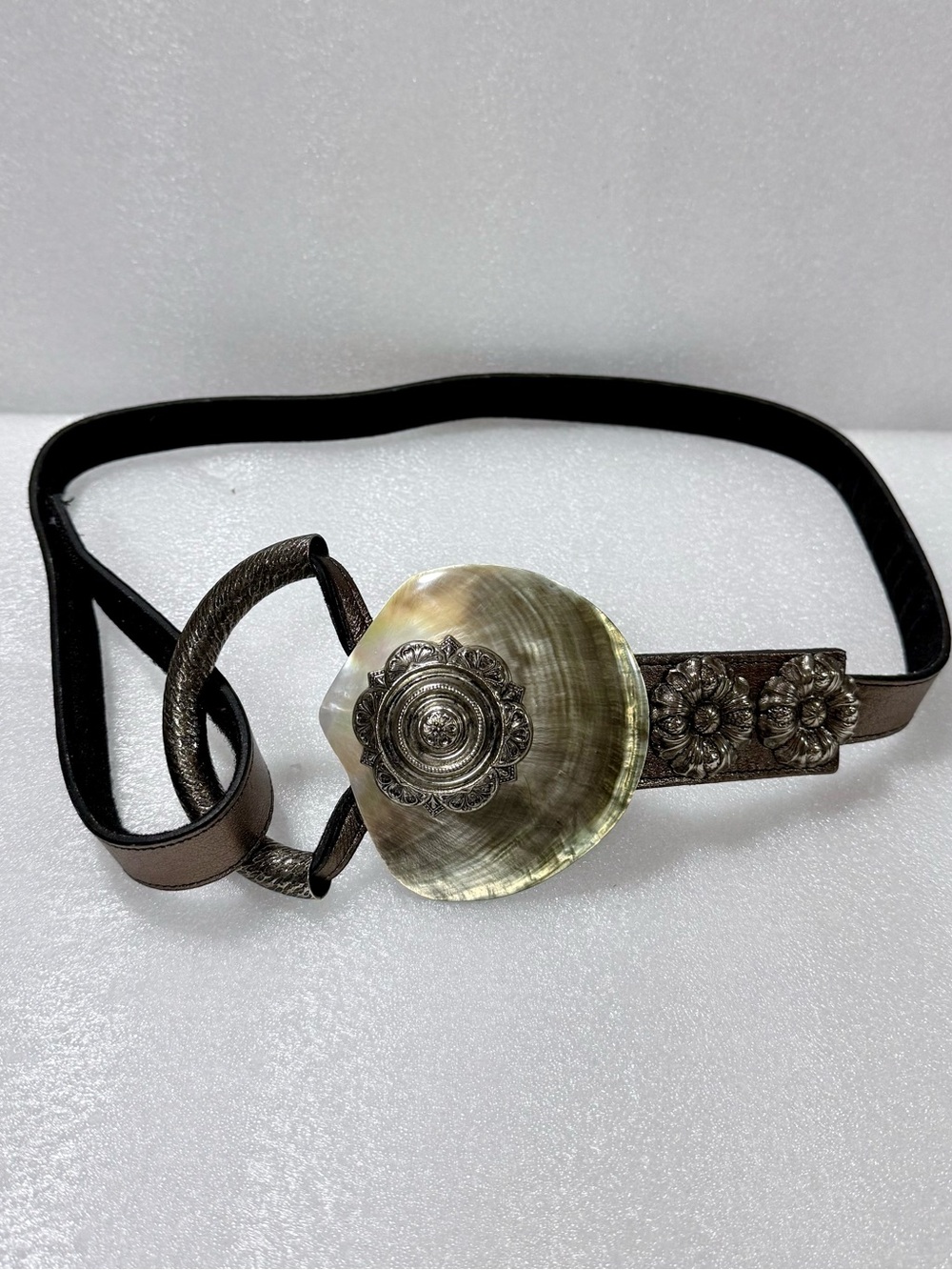 Vintage Artisan  Belt with Genuine Shell Buckle & Silver Metal Floral Conchos